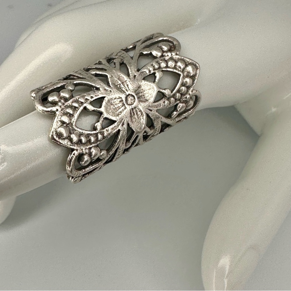 Boho Filigree Floral Ring – Silver Plated Adjustable Statement Jewelry – NWT - Picture 6 of 11